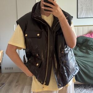 FAUX FUR Leather  PUFFER VEST! NEVER WORN! BEAUTIFUL COLOR